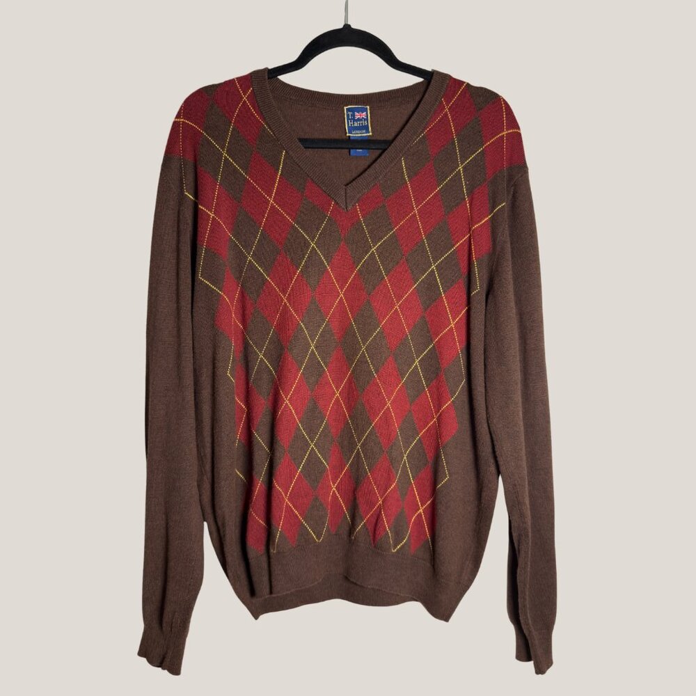 Vintage T. Harris Unisex V-neck Argyle Pullover Sweater, London